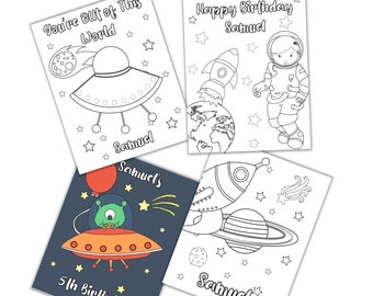 Personalized Space Party Coloring Pages, Custom Space Birthday Party Coloring Pages,  Space Coloring Pages for Kids