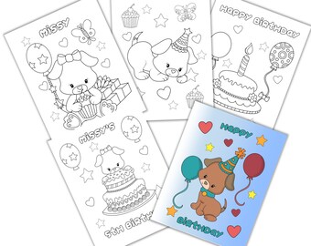 子犬の誕生日用塗り絵、子供向けパーティーアクティビティ（PDF）