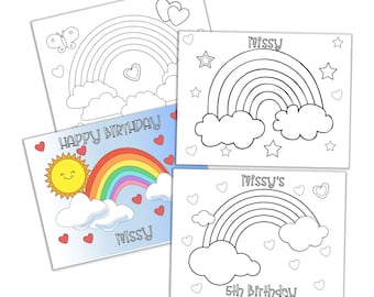 Personalized Rainbow Birthday Party Coloring Pages (Digital Download)
