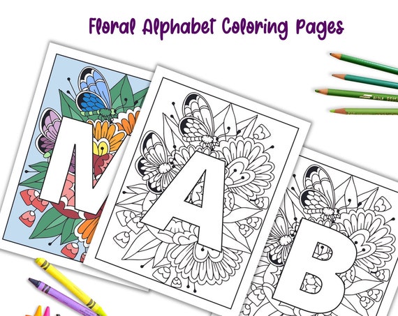 Floral Alphabet Letters Coloring Pages, Printable Adult Coloring Pages, Adult Coloring A-Z, Alphabet Wall Art