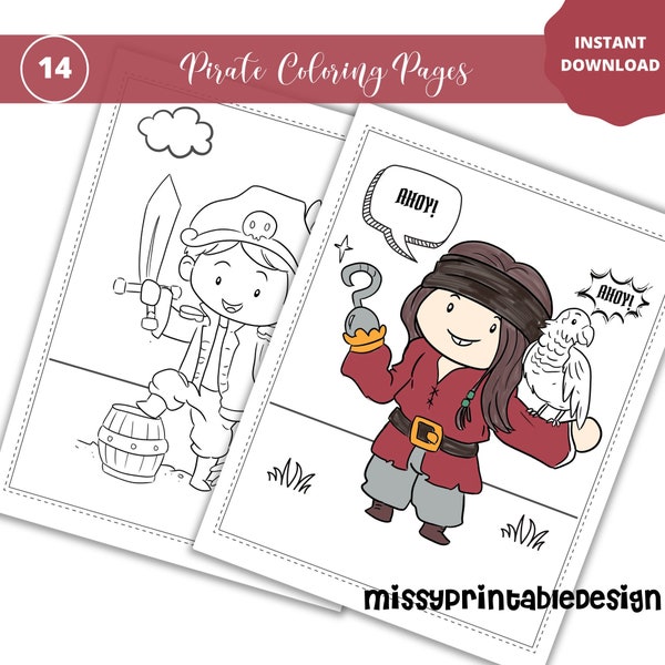 Pirate Coloring Pages, Printable Kids Coloring Pages, Pirate Birthday Party Activity, INSTANT DOWNLOAD