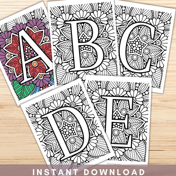 Mandala Alphabet Letters Coloring Pages, Printable Adult Coloring Pages, Adult Coloring A-Z, Alphabet Wall Art