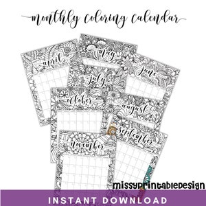 Undated Printable Floral Coloring Calendar, Printable Monthly Calendar, Monthly Calendar Inserts, INSTANT DOWNLOAD