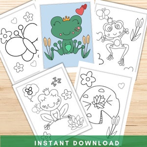 May include: Four black and white coloring pages featuring frogs with crowns, butterflies, flowers, and lily pads. The pages are designed for children to color.