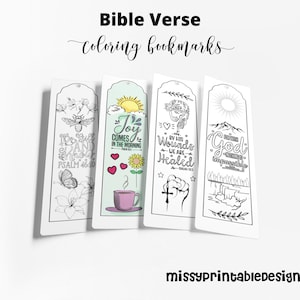 May include: Four printable bookmarks with Bible verses and illustrations. The bookmarks feature a bee, a cup of coffee, a hand with a cross, and a waterfall. Each bookmark has a different verse from the Bible.