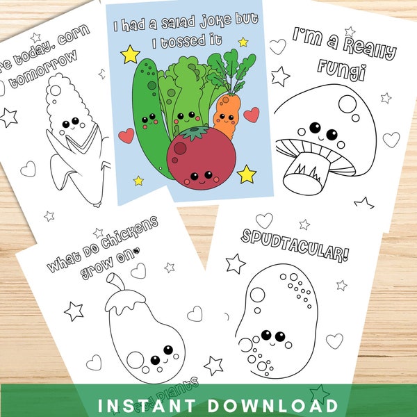 Kawaii Vegetable Coloring Pages, Printable Veggies Activity Coloring Pages, Veggie Puns, Kids Coloring Sheets, INSTANT DOWNLOAD