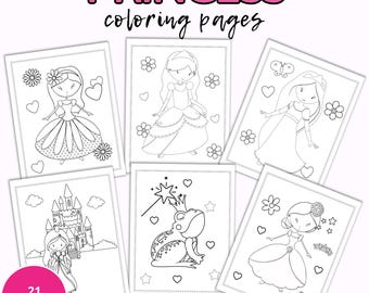 Princess Coloring Pages, Girls Birthday Party Activity (Digital Download)