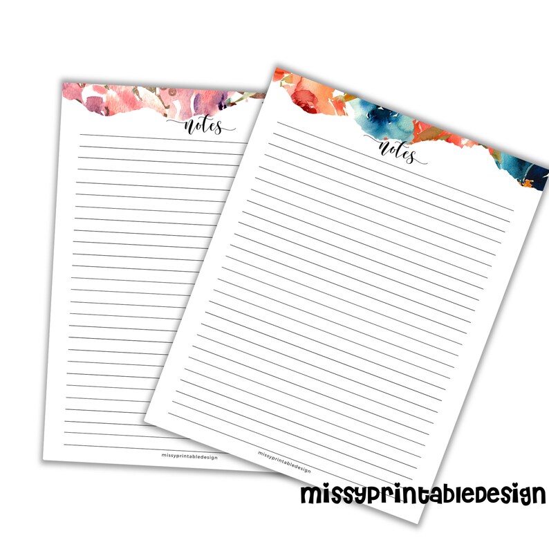 May include: Two printable note pages with watercolor floral designs. The top of each page says "notes" in a handwritten font. The pages have lined paper.