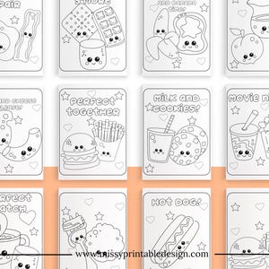 May include: Black and white coloring pages featuring cute cartoon food illustrations. Each page has a different food pairing, such as milk and cookies, mac and cheese, and a hot dog. The pages are perfect for kids to color and enjoy.