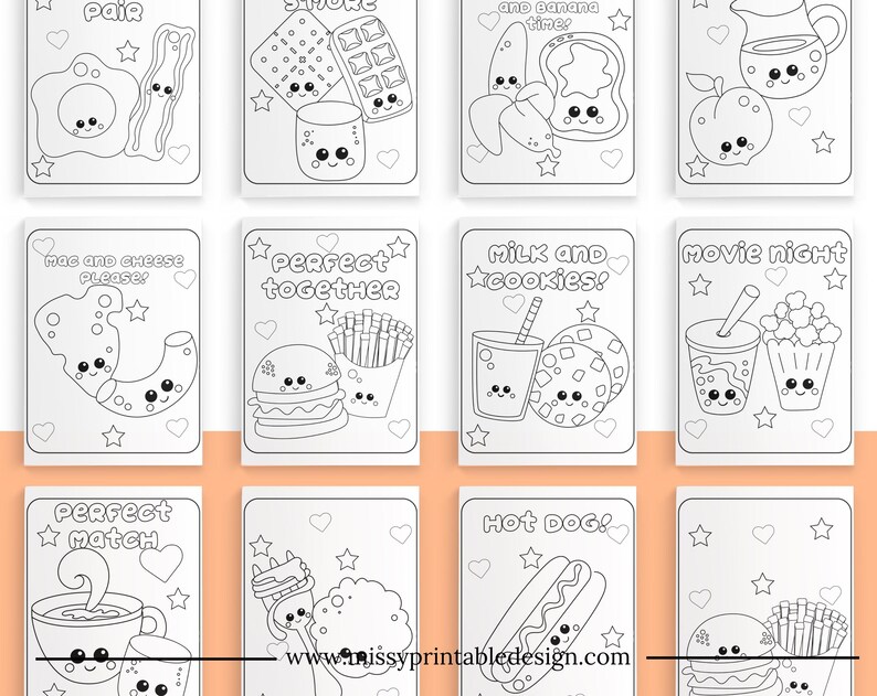 May include: Black and white coloring pages featuring cute cartoon food illustrations. Each page has a different food pairing, such as milk and cookies, mac and cheese, and a hot dog. The pages are perfect for kids to color and enjoy.