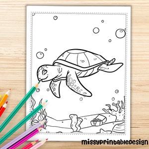 May include: A black and white line drawing of a turtle swimming in the ocean. The turtle is swimming towards the right side of the page. There are bubbles behind the turtle and coral reefs below. A treasure chest is sitting on the ocean floor.
