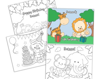 Personalized  Jungle Safari Party Coloring Pages, Custom Jungle Safari Birthday Party Coloring Pages, Coloring Pages for Kids