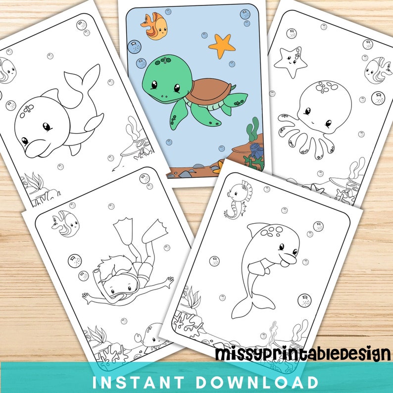 May include: Five black and white colouring pages featuring sea creatures. The pages include a dolphin, a turtle, an octopus, a seahorse, and a scuba diver.