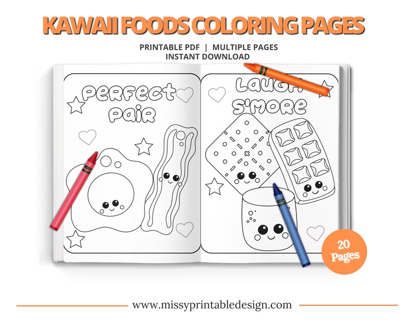 May include: A coloring book with two pages showing cute food illustrations. The left page has a fried egg and bacon with the text "Perfect Pair". The right page has a graham cracker, marshmallow, and chocolate bar with the text "Laugh S'more". The book has a title that says "Kawaii Foods Coloring Pages".