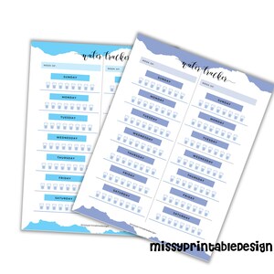 May include: Two printable water tracker sheets with a blue and white color scheme. Each sheet has a space to write the week number and a grid of 8 rows and 10 columns of water glasses to track daily water intake. The days of the week are listed on the left side of the grid. The text "water tracker" is written in cursive at the top of each sheet.