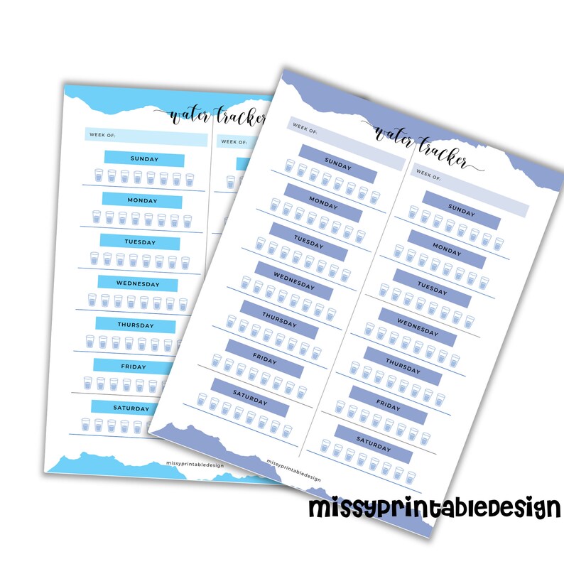 May include: Two printable water tracker sheets with a blue and white color scheme. Each sheet has a space to write the week number and a grid of 8 rows and 10 columns of water glasses to track daily water intake. The days of the week are listed on the left side of the grid. The text "water tracker" is written in cursive at the top of each sheet.