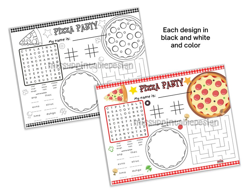 May include: A black and white printable placemat with a pizza party theme. The placemat features a word search puzzle, a maze, and a pizza graphic. The text "Pizza Party" is at the top of the placemat. The placemat is designed for kids to color.