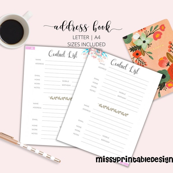 Contact List, Printable Address Book Pages, Printable planner pages, Goodnotes Planner, Organizer, A4 and Letter size, INSTANT DOWNLOAD