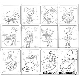 Pu&ograve; includere: Un set di 10 pagine da colorare in bianco e nero con varie illustrazioni a tema San Patrizio. Le illustrazioni includono un folletto, un pentolone d'oro, un trifoglio, un arcobaleno e un ferro di cavallo.