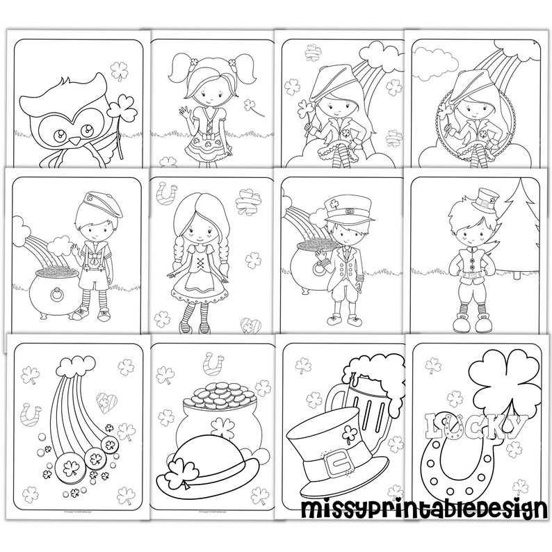 Pu&ograve; includere: Un set di 10 pagine da colorare in bianco e nero con varie illustrazioni a tema San Patrizio. Le illustrazioni includono un folletto, un pentolone d'oro, un trifoglio, un arcobaleno e un ferro di cavallo.