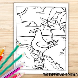 May include: A black and white coloring page featuring a seagull standing on a post with a starfish on it. The seagull is facing the right side of the page. There is a palm tree in the background. The sky is filled with clouds and the sun is shining.