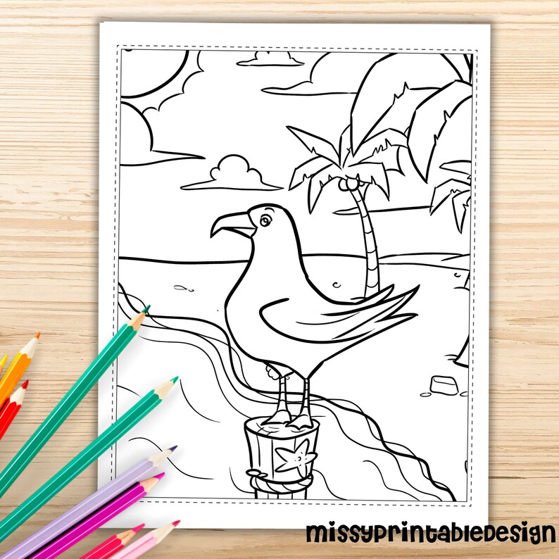 May include: A black and white coloring page featuring a seagull standing on a post with a starfish on it. The seagull is facing the right side of the page. There is a palm tree in the background. The sky is filled with clouds and the sun is shining.