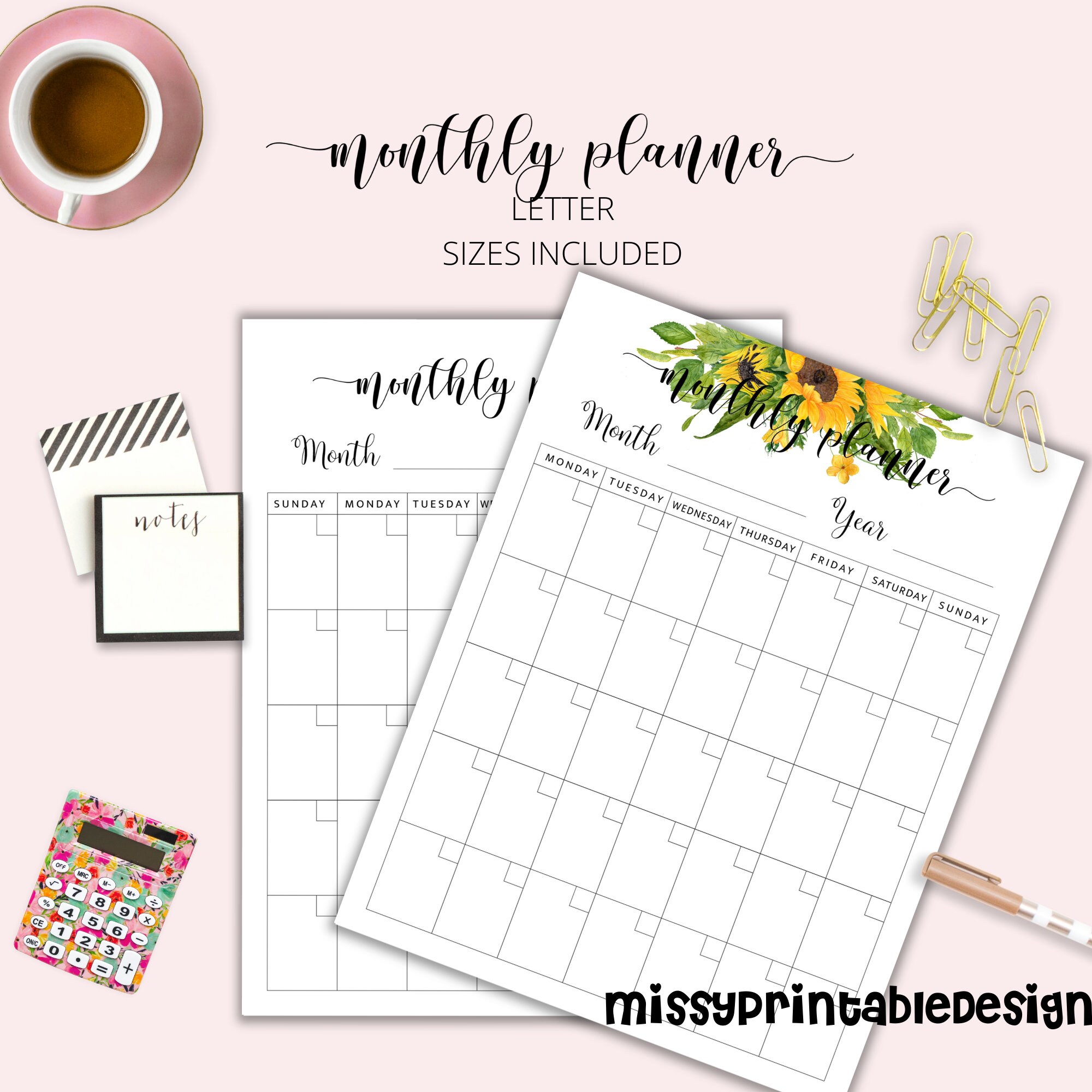 Monthly Planner Calendar, Simple Calendar, 8.5 X 11 Inches