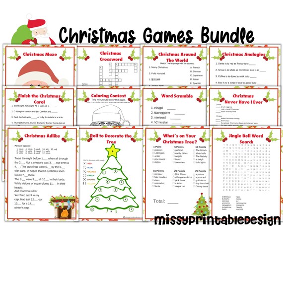 14 Christmas Games Printable Bundle, Holiday Game, Christmas Activities, Christmas Party Games, Word Search, Fun Christmas