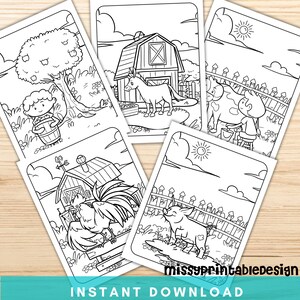 May include: Black and white line art illustrations of farm scenes, including a barn with a horse, a child with a barrel, a cow being milked, a rooster, and a pig. The words "Instant Download" are at the bottom.