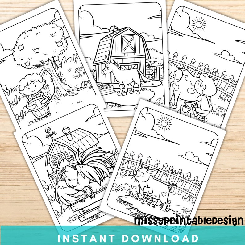 May include: Black and white line art illustrations of farm scenes, including a barn with a horse, a child with a barrel, a cow being milked, a rooster, and a pig. The words "Instant Download" are at the bottom.