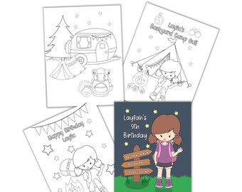 Coloriages d'anniversaire de camping personnalisés pour enfants (téléchargement numérique)
