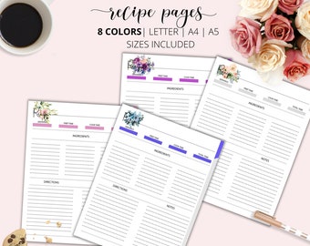 Floral Recipe Page Template, Printable Recipe Cards (Digital Download)