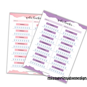 May include: Two printable water tracker sheets with a pink and purple watercolor background. Each sheet has a space to write the week of and a grid of 28 glasses for tracking daily water intake. The days of the week are listed: Sunday, Monday, Tuesday, Wednesday, Thursday, Friday, and Saturday.