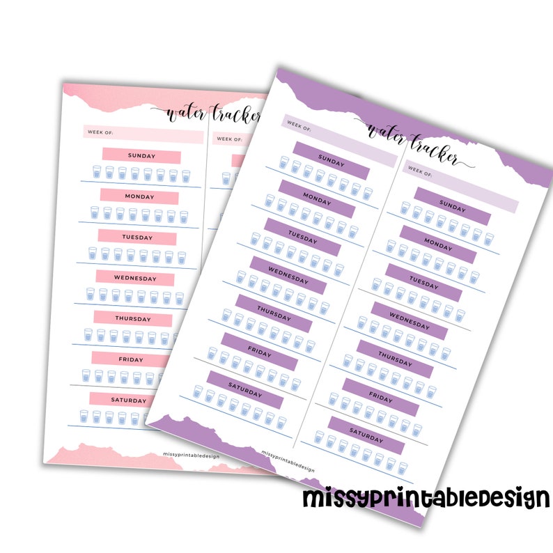 May include: Two printable water tracker sheets with a pink and purple watercolor background. Each sheet has a space to write the week of and a grid of 28 glasses for tracking daily water intake. The days of the week are listed: Sunday, Monday, Tuesday, Wednesday, Thursday, Friday, and Saturday.