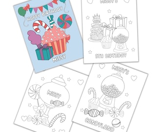 May include: Four printable coloring pages featuring a birthday theme with candy, cupcakes, and a gumball machine. The pages include the text "Happy Birthday", "Missy's", "5th Birthday", and "Candyland".