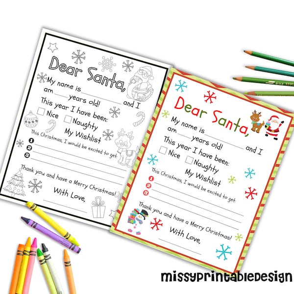 Desenho para colorir de carta para o Papai Noel, lista de desejos de Natal (download digital)