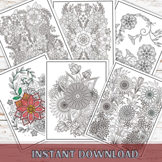 Elegant Floral Coloring Pages for Adults Flower Coloring | Etsy