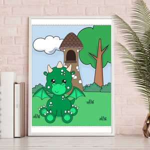 Peut inclure: Un dragon de dessin anim&eacute; vert avec de grands yeux et des ailes est assis devant une tour brune et grise avec une petite fen&ecirc;tre. Le dragon est assis sur de l'herbe verte avec un arbre vert et un nuage blanc en arri&egrave;re-plan.