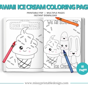 Kawaii Ice Cream Coloring Pages for Kids, Printable Kawaii Coloring Pages, Ice Cream Activity, Kids Coloring Sheets