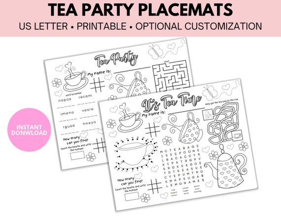 Tea Party Placemat, Printable Tea Party Placemats, Coloring Page for Kids, Kids Birthday, Customized Party Placemat