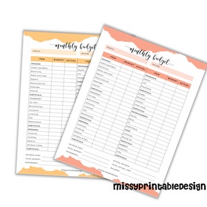 May include: Two printable monthly budget worksheets with peach and yellow backgrounds. The worksheets have columns for month, item, budget, actual, and income. The items listed include housing, insurance, transport, loans, entertainment, food, and charity.