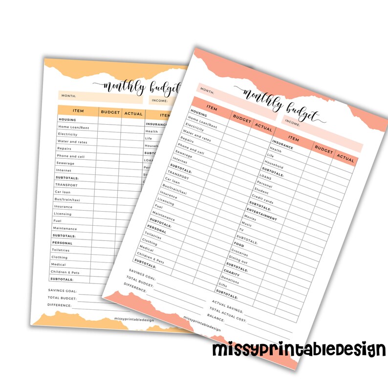 May include: Two printable monthly budget worksheets with peach and yellow backgrounds. The worksheets have columns for month, item, budget, actual, and income. The items listed include housing, insurance, transport, loans, entertainment, food, and charity.