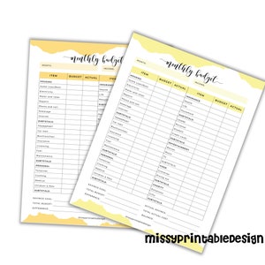 May include: A printable monthly budget tracker with yellow and white accents. The tracker includes categories for housing, transportation, personal expenses, savings, and income. The text "monthly budget" is written in a handwritten font.