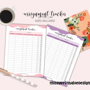 May include: Two printable assignment trackers with pink and purple watercolour backgrounds. The trackers have columns for class, subject, assignment, date submitted, grade, and passed. Each column has checkboxes for marking assignments as completed.