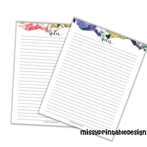 May include: Two printable note paper sheets with floral designs. The top sheet has pink flowers and the bottom sheet has blue flowers. Both sheets have the word "notes" written at the top.