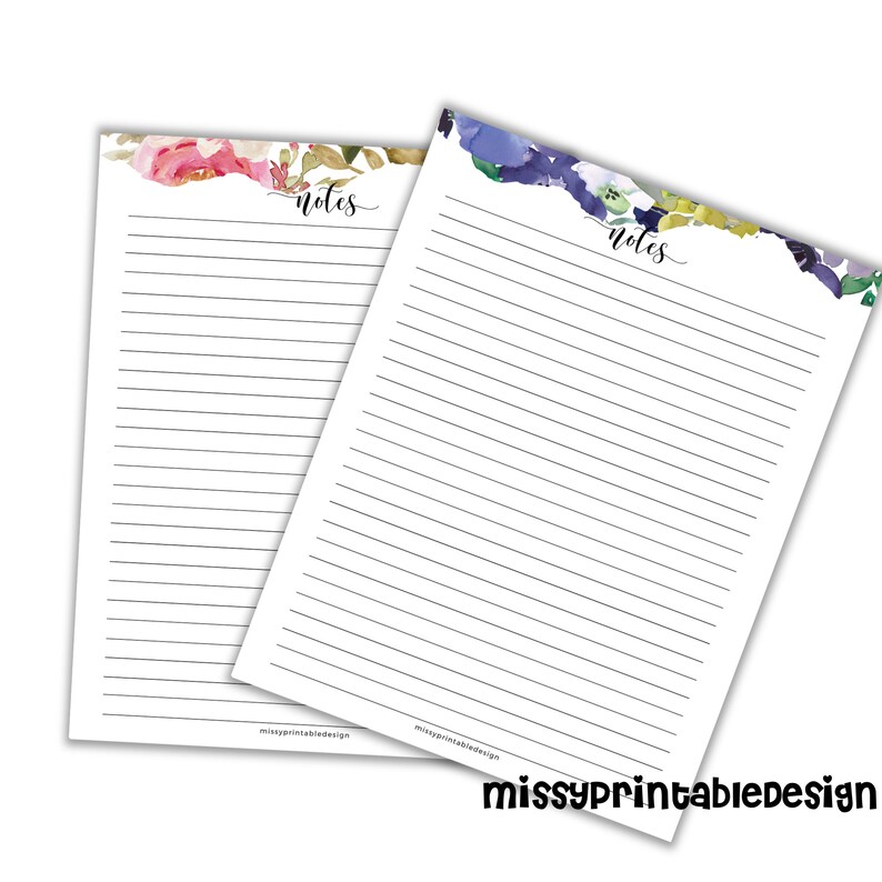 May include: Two printable note paper sheets with floral designs. The top sheet has pink flowers and the bottom sheet has blue flowers. Both sheets have the word "notes" written at the top.