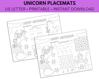 Unicorn Birthday Party Placemats: Kids Coloring Page (PDF)