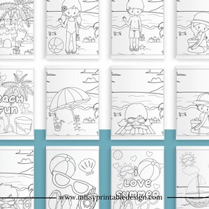 May include: A set of 10 black and white printable coloring pages featuring summer beach themes. The pages include images of a beach umbrella, a sandcastle, a beach ball, a seashell, a sailboat, a sun, and children playing on the beach.