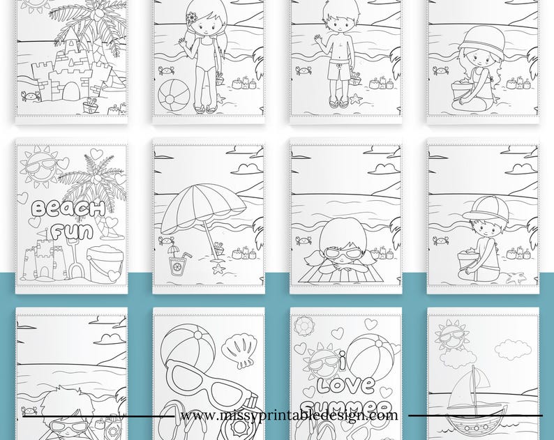 May include: A set of 10 black and white printable coloring pages featuring summer beach themes. The pages include images of a beach umbrella, a sandcastle, a beach ball, a seashell, a sailboat, a sun, and children playing on the beach.
