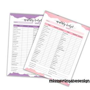 May include: A printable monthly budget tracker with sections for housing, transportation, insurance, loans, entertainment, food, and charity. The tracker has columns for budget, actual, and income. The text "monthly budget" is written in a pink and purple script font.